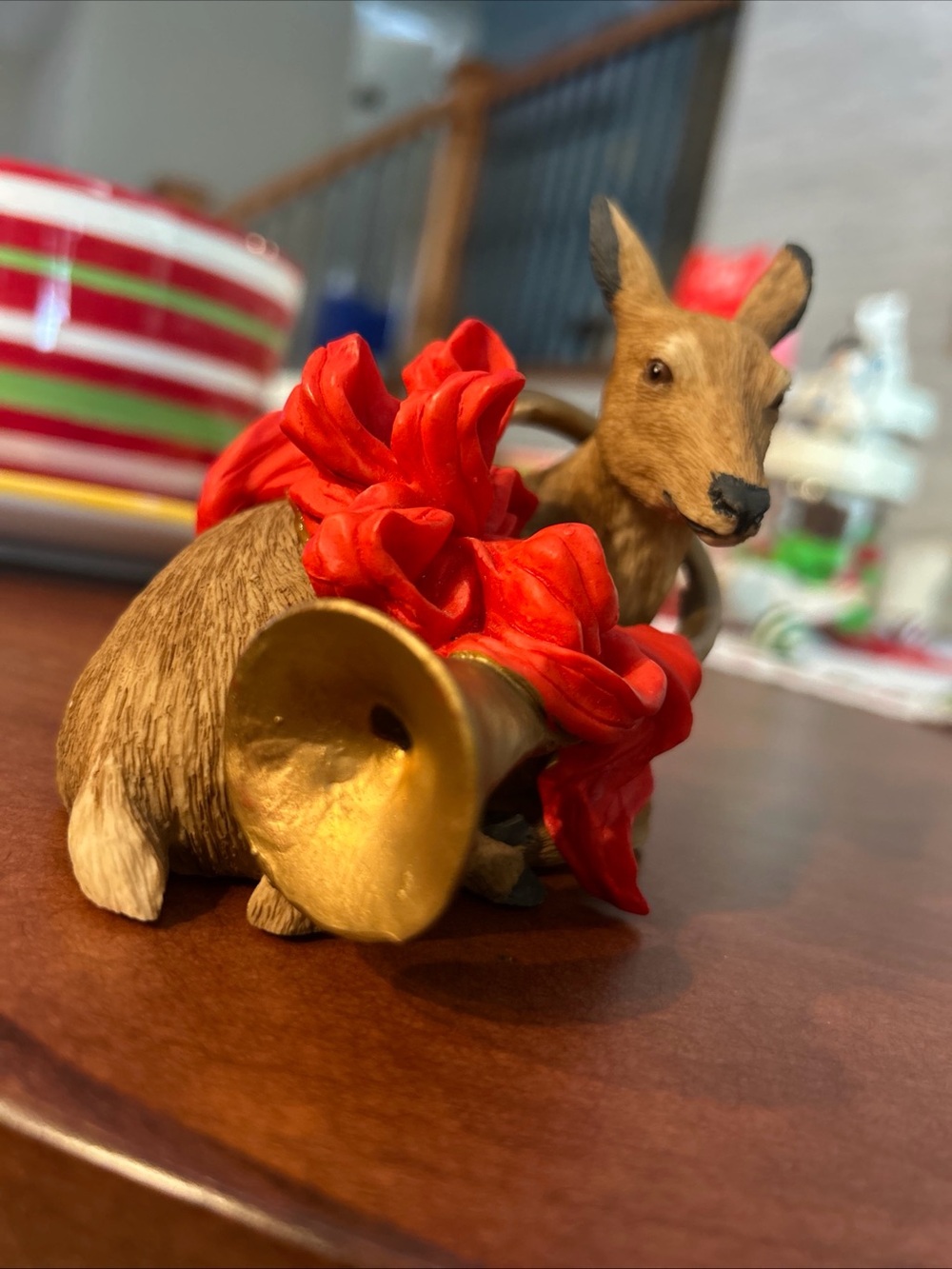 Tom Rubel Christmas Collection Doe Figurine with Red Poinsettia and Gold Bell